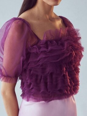 Anthro Endless Rose Fuschia Ruffled Organza Puff Sleeve Top